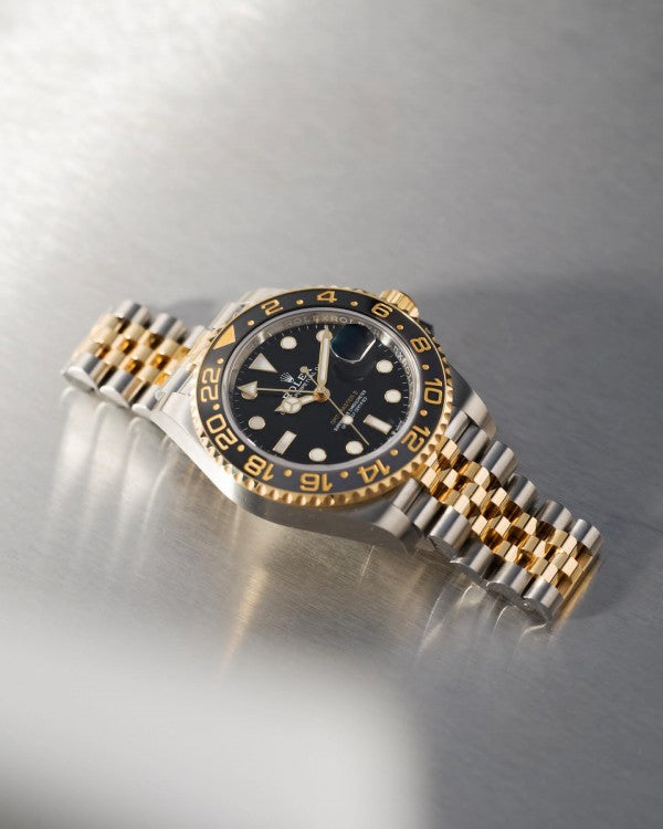 ROLEX GMT MASTER GOLD SILVER BLACK METAL WATCH (WITH OG BOX)