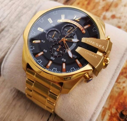 Diesel Mega Chief Chronograph Full Gold Black Dial Men's Watch